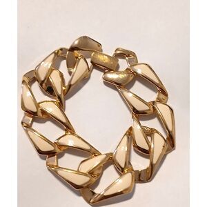 Napier Gold Tone Cream Enamel Chunky Link Bracelet Signed Vintage